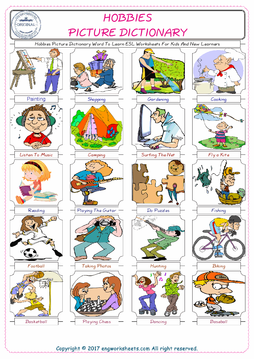  Hobbies English Worksheet for Kids ESL Printable Picture Dictionary 